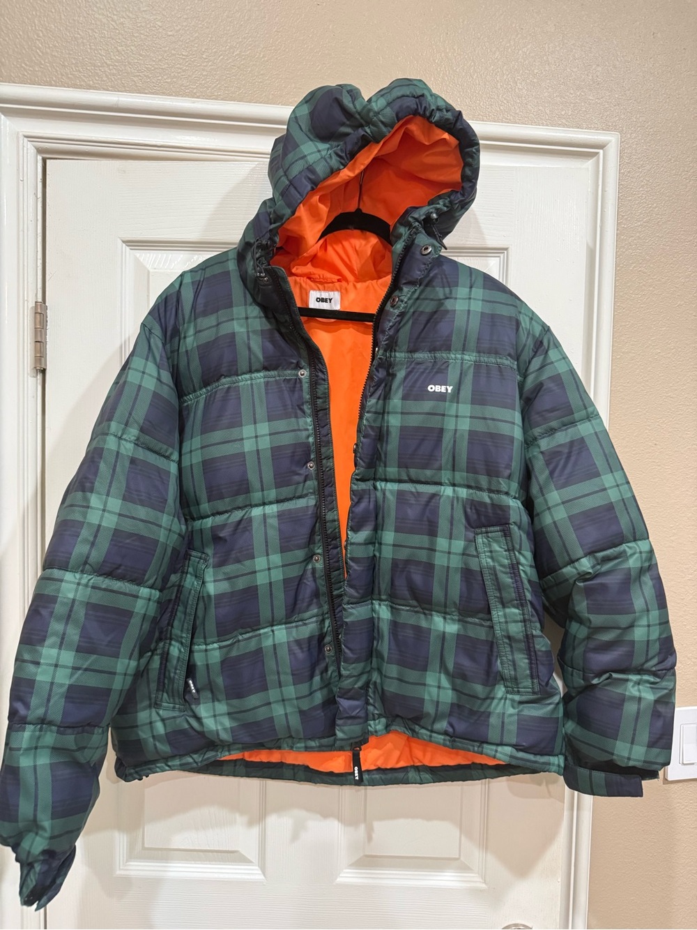 Obey Green Plaid Puffer Jacket with Orange Lining